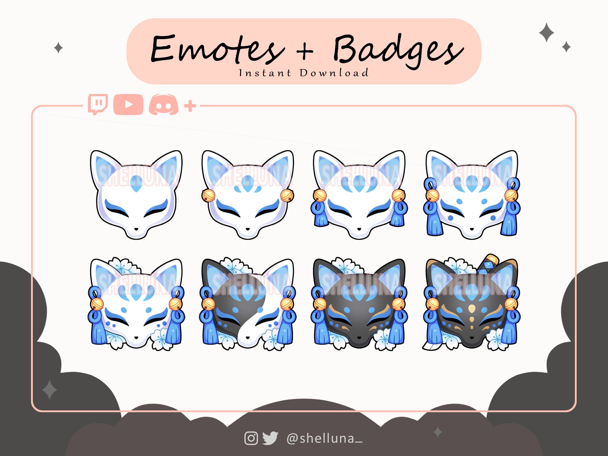 Kitsune Mask (White/Blue) Emotes and Badges | Fox Mask Twitch Emotes | Twitch Badges | Discord | Japanese | Kawaii | Channel Points