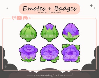 Flower Emotes and Badges (Purple) | Twitch Emotes | Twitch Sub Badges | Discord | Kawaii | Plant | Spring | Stream Icons