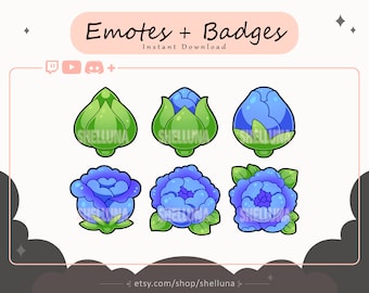 Flower Emotes and Badges (Blue) | Twitch Emotes | Twitch Sub Badges | Discord | Kawaii | Plant | Spring | Stream Icons