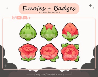 Flower Emotes and Badges (Red) | Twitch Emotes | Twitch Sub Badges | Discord | Kawaii | Plant | Spring | Stream Icons