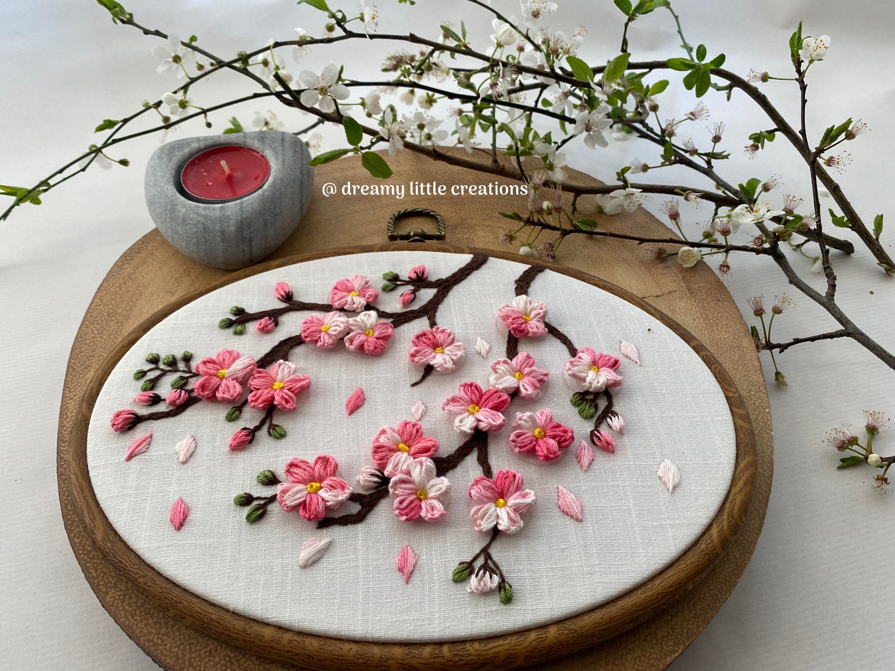 Handmade Cherry Blossom Embroidery Hoop Art: Japanese Spring Decor