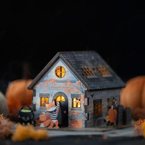 Tiny Halloween House Desk Light Spooky Haunted Wooden Cottage Pop Out Wood Night Light Cute Ghost Home Decor Gift Cauldron Decoration image 1