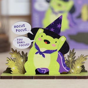 Compagnon de bureau Halloween Hocus Pocus You Shall Focus - Jolie décoration de jouet en bois fantasmagorique sorcière - Fantômes grenouilles sorcière étude Buddy Card Bat