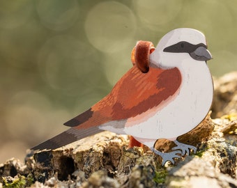 Red Backed Shrike Decoration - Rare British Breeds Wooden Endangered Animals - UK British Isles Wildlife - Nursery Decor Robin Bird Sparrow