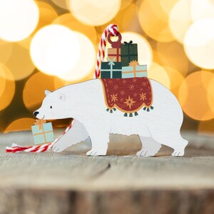 Polar Bear with Presents Christmas Decoration - Xmas Bauble - Handmade Cute Wood - 2024 Wooden Animal Tree Ornament Custom Xmas Teddy Scandi