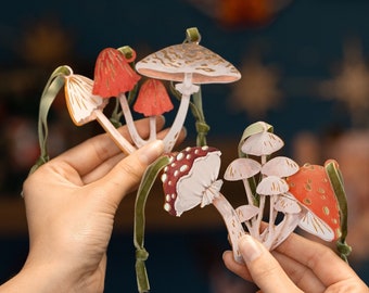 Mushrooms with Gold Detail Christmas Decorations - Cottagecore Handmade Shiny Acrylic Fungi Ornament Festive Decor Funghi Berry Toadstool