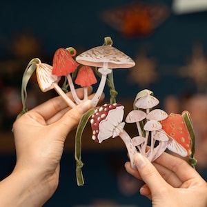 Mushrooms with Gold Detail Christmas Decorations - Cottagecore Handmade Shiny Acrylic Fungi Ornament Festive Decor Funghi Berry Toadstool