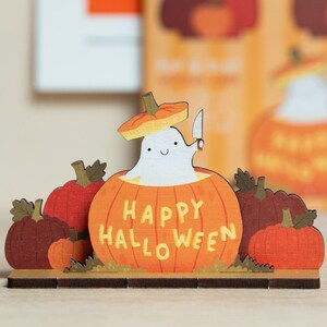 Happy Halloween Ghost Pop Out Card - Cute Witchy Spooky Pin - Wooden Toy Decor - Graveyard Crow Ghosts Black Cat Witch Alternative Card Bat