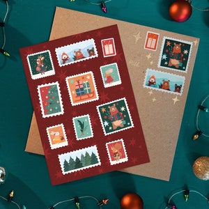Christmas A6 Stamp Sticker Sheet - Animals Vinyl Die Cut Stickers - Woodland Creatures Tags Wrapping - Cottagecore Stationery Decal Winter