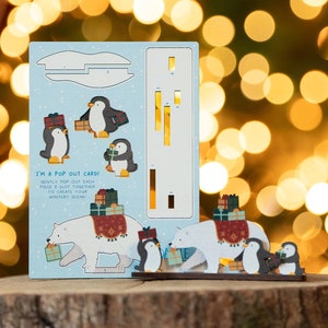 Personalised Polar Bear and Penguins Christmas Card -  Xmas Wooden Cards North Pole Cute Funny Gift Desk Toy Companion Wildlife Arctic