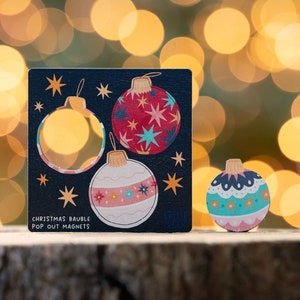 Christmas Baubles Magnet Set - Pop Out Wooden Wood Magnets Cute Home Happy Fridge Decor - Xmas Festive Decorations Refrigerator Tinsel