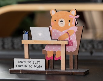 Born to Slay, Forced to Work Desk Companion - Cute Coworker Gift - Kawaii Desk Toy Miniature Mini Decoration - New Job Colleague Best Friend