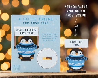 Personalised Mini Penguin Christmas Card -  Xmas Wooden Cards Animals Cute North Pole Letterbox Gift for Her DIY Alternative Desk Penguins