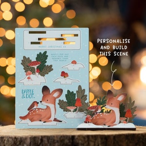 Personalised Fawn & Robin Christmas Card -  Xmas Wooden Cards Animals Cute Cottagecore Letterbox Gift for Her Alternative Desk Deer Mushroom