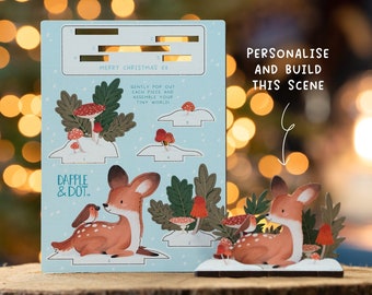 Personalised Fawn & Robin Christmas Card -  Xmas Wooden Cards Animals Cute Cottagecore Letterbox Gift for Her Alternative Desk Deer Mushroom