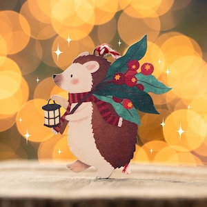 Hedgehog & Lantern Wooden Christmas Decoration - Endangered Animals - UK British First Christmas Wood Nursery Decor Cottagecore Cute Country