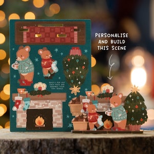 Personalised Fireplace Bears Christmas Card -  Xmas Wooden Cards Animals Cute Cottagecore Letterbox Gift for Her DIY Alternative Desk Bear