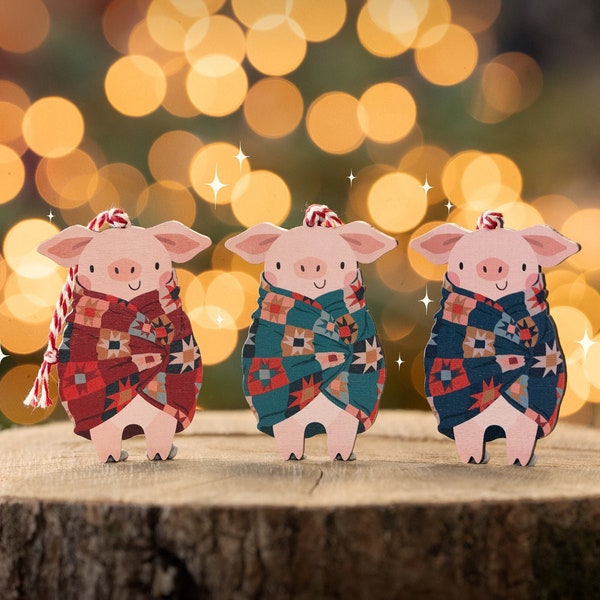 Pigs in Blankets Christmas Decorations - Xmas Bauble - Handmade Cute Pig Wood - 2023 Wooden Animal Tree Sprouts Ornament Custom Xmas Blanket