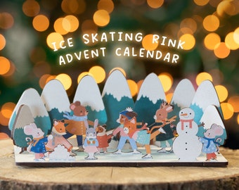 Ice Skating Rink Reusable Wooden Advent Calendar - Children's Countdown to Christmas Scene - Mantelpiece Garland Decoration Handmade Winter