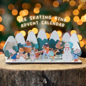 Ice Skating Rink Reusable Wooden Advent Calendar - Children's Countdown to Christmas Scene - Mantelpiece Garland Decoration Handmade Winter