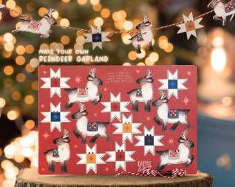 Make Your Own Christmas Garland - Pop Out Reindeer Stars Wooden Banner - DIY Gift Patchwork Star- Festive Decor Xmas Party - Banner Bunting