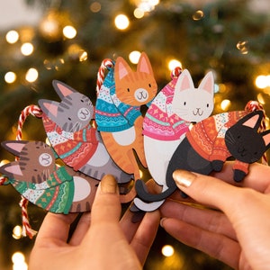 Hanging Christmas Cats Decorations Xmas Bauble Handmade cute kawaii kittens 2022 Wooden Animal Tree Cat Ornament Custom Xmas Jumper image 1