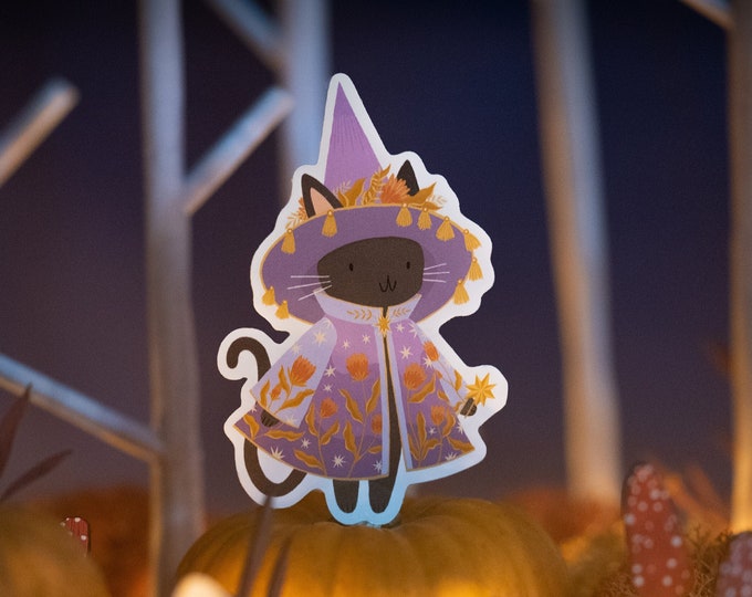 Black Witch Cat Sticker - Cute Halloween Witchy Spooky Stickers- Wooden ...