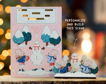 Personalised Mouse & Snowman Christmas Christmas Card -  Xmas Wooden Cards Animals Cute Cottagecore Letterbox Gift for Her Alternative Desk