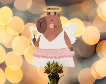 Capybara Christmas Tree Topper - Capybara Angel Fairy - Funny Novelty Xmas Tree Topper - Capy Christmas Wooden Decoration for Animal Lover