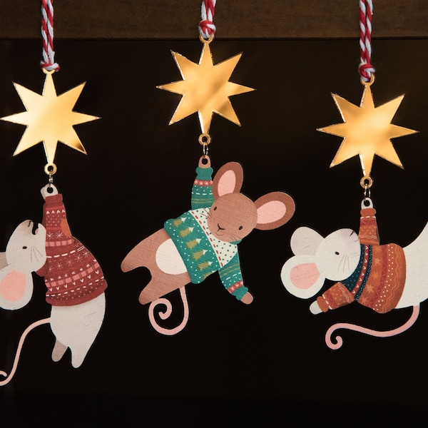 Christmas Mouse & Star Wooden Decorations - Xmas Bauble set - Handmade cute kawaii bears - 2022 Wood cottagecore Tree mice Children's trio