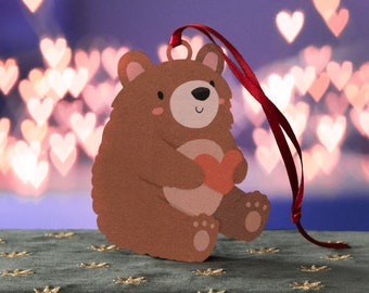 Custom Message Valentine's Bear Decorations - Personalisable Alternative Card - Wooden Love Heart Bear Valentines Gift for Her, Gift for Him