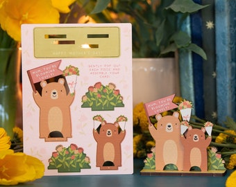 Mum You're Blooming Lovely Mother's Day Card - Bear Wooden Pop Out Card for Mum - Mother like no other Cute Animal Kawaii Gift - Funny Pun