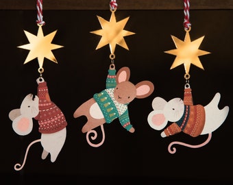 Christmas Mouse & Star Wooden Decorations - Xmas Bauble set - Handmade cute kawaii bears - 2022 Wood cottagecore Tree mice Children's trio