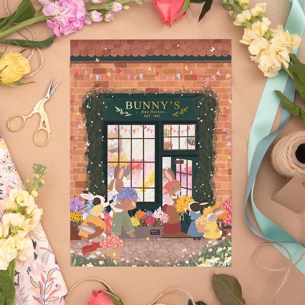 Bunny Florist Foiled Print, A4 or A5 Illustrated Cottagecore Art, Cute Rabbit Nursery Children's Artwork Gift for Office Bedroom or Playroom