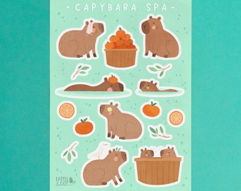 Capybara Spa A5 Sticker Sheet - Cute Capybaras Card Gift - Vinyl Decal Journal - Capybara Lover Animal Kawaii Stickers Stationery Pin Badge