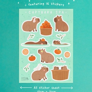 Capybara Spa A5 hoja de pegatinas - lindo regalo de tarjeta de capybaras - diario de calcomanías de vinilo - Capybara Lover Animal Kawaii pegatinas papelería Pin insignia