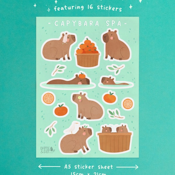 Capybara Spa A5 Sticker Sheet - Cute Capybaras Card Gift - Vinyl Decal Journal - Capybara Lover Animal Kawaii Stickers Stationery Pin Badge