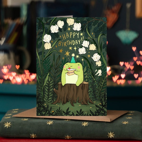 Happy Birthday Frog Card - Happy Frogs Cards Animals Cute Cottagecore Letterbox Gift for Her Mushroom  - Gold Foil Birthday Card Toad Print