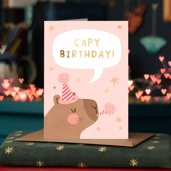 Capy Birthday Card - Happy Capybara Cards - Capybara Lover Gift Token - Animals Cute Pun Funny Galentines Valentines Gift for Her Love Gold