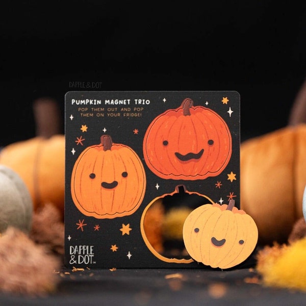 Pumpkin Magnet Set - Pop Out Wooden Magnets Cute Halloween Witchy Spooky - Fridge Decor - Ghost Autumn Fall Witch Hat Moth Enamel Badge Bat