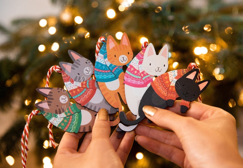 Hanging Christmas Cats Decorations Xmas Bauble Handmade cute kawaii kittens 2022 Wooden Animal Tree Cat Ornament Custom Xmas Jumper image 1