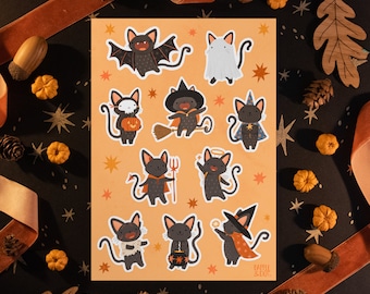 Black Cat Halloween Sticker Sheet A5 - Cute Fall Stickers - Black Cat Trick or Treat Ghost Letter Witch Bullet Journal Witchcore Potion Bat