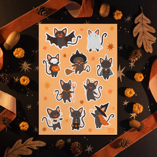 Black Cat Halloween Sticker Sheet A5 - Cute Fall Stickers - Black Cat Trick or Treat Ghost Letter Witch Bullet Journal Witchcore Potion Bat