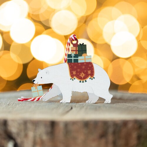 Polar Bear with Presents Christmas Decoration - Xmas Bauble - Handmade Cute Wood - 2024 Wooden Animal Tree Ornament Custom Xmas Teddy Scandi