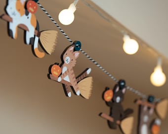 Make Your Own Halloween Garland - Pop Out Wooden Flying Witch Kittens DIY Gift Tick or Treat Spooky Decor Halloween Party Banner Broomsticks