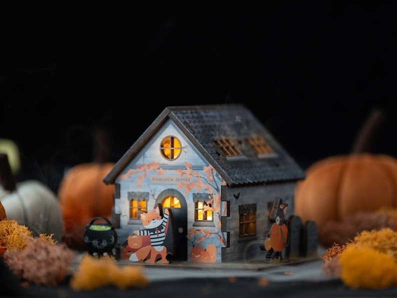 Tiny Halloween House Desk Light Spooky Haunted Wooden Cottage Pop Out Wood Night Light Cute Ghost Home Decor Gift Cauldron Decoration image 1