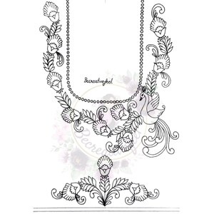 May include: Black and white line drawing of a necklace with a peacock design. The necklace features a chain of small circles with floral accents and a peacock with its tail feathers spread out.