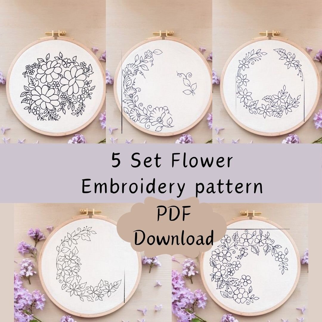 Floral Hand Embroidery Design: 5 PDF Patterns for Hoop Art (digital ...
