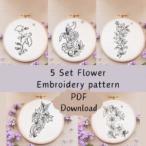 Floral Embroidery Pattern Set PDF | 5 Flower Hand Embroidery Designs | Beginner Hoop Art Template | Instant Download Printable