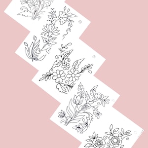 May include: Five black and white line drawings of floral designs on white paper. The designs are arranged in a staggered pattern, with the top design being the largest and the bottom design being the smallest.